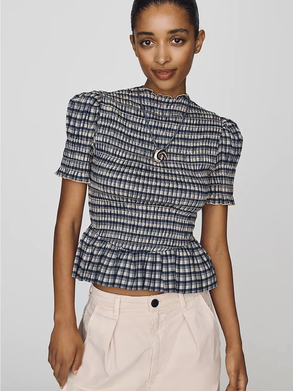 Reformation Navy and White Smocked Plaid Peplum Top